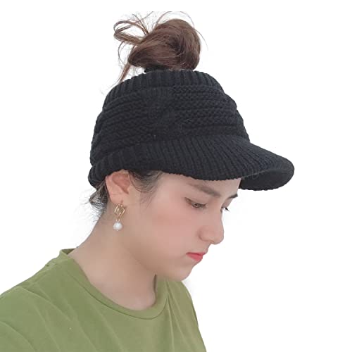 XYIYI Beanie Tail Winter Warm Knit Messy High Bun Ponytail Hats Visor Beanie Cap - color: Black