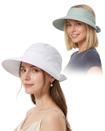 CHUNG 2 Pack Women Sun Visor Hat Wide Brim Summer UV Protection Zip-Off - color: White/Light Green
