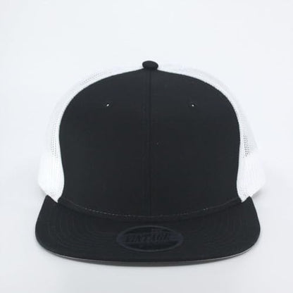 Plain Cotton Twill Flat Brim Mesh Adjustable Snapback Trucker Baseball Cap - color: Black/Black/White