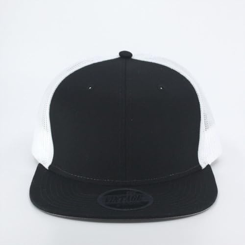 Plain Cotton Twill Flat Brim Mesh Adjustable Snapback Trucker Baseball Cap - color: Black/Black/White