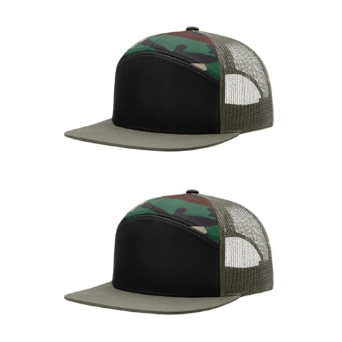 Richardson 168 Hi-Pro 7 Panel Adjustable Snapback Trucker Mesh Back Cap - color: Black/Green Camo/Loden