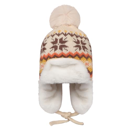Women Winter Beanie Hat Thick Fleece Lined Warm Earflap Trapper Hat Pom Pom Jacquard Knited Outdoor Ski Snow Cap - color: Style 2-beige