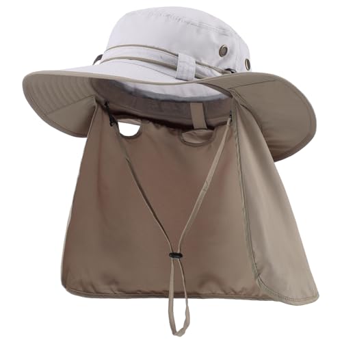 Home Prefer UPF50 Mens Sun Hat with Neck Flap Quick Dry UV Protection Cap Womens Wide Brim Fishing Hat Neck Flap Beach Garden - color: Off-white