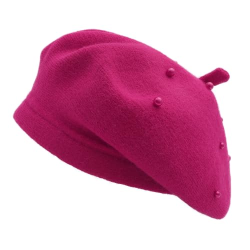 ZLYC Women French Beret Hat Winter Knitted Stretchable Beret Artist Cap - color: Pearls Hot Pink
