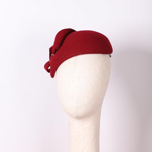 Women Wool Derby Hat for Women Pillbox Hat Wedding Hats Felt Bowknot Fascinators - color: Wine Red