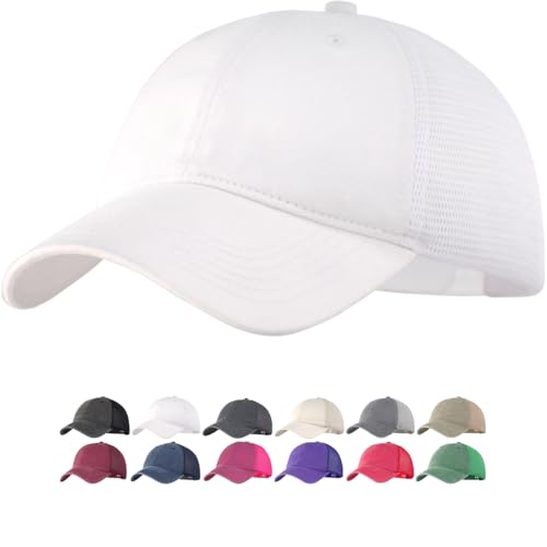 Vintage Washed Soft Crown Baseball Cap Plain Snapback Trucker Hat Men Women Adjustable Distressed Mesh-Back Ball Cap - color: White, size: One Size