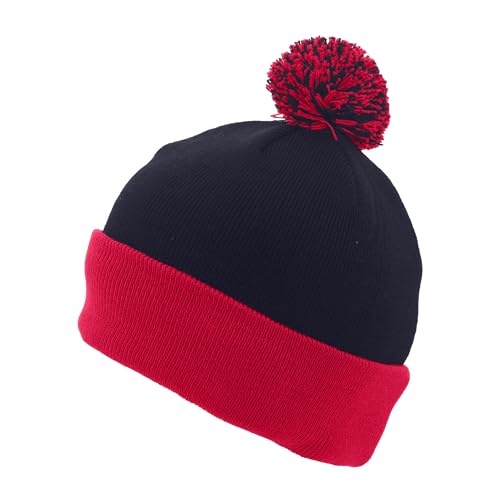 Pacific Headwear Unisex Adult Pacific Headwear Knit Fold Over Pom-pom Beanie - color: Black/Red, size: One Size