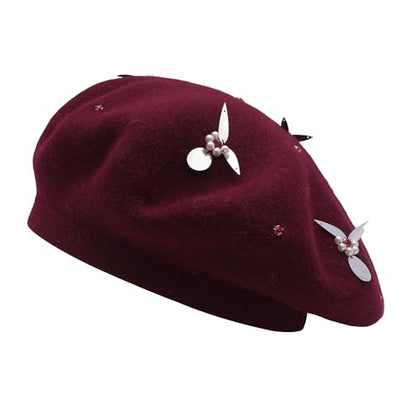 ZLYC Women French Beret Hat Reversible Knit Thickened Warm Artist Cap - color: Paillettes Bunny Burgundy