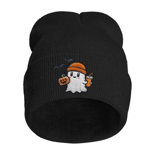 Embroidered Beanie Halloween Goth Knit Hat for Men Women - color: Halloween Funny Ghost Pumpkin