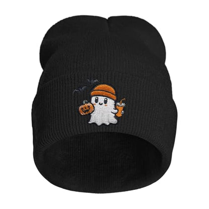 Embroidered Beanie Halloween Goth Knit Hat for Men Women - color: Halloween Funny Ghost Pumpkin