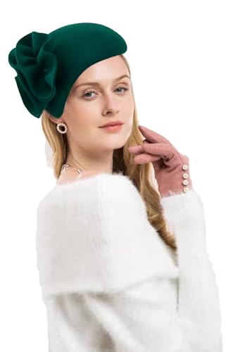 ORIDOOR British Style Pillbox Hat Women Church Wedding Winter Vintage Fascinator Beret 100% Wool Felt Hat with Veil - color: 13g Dark Green Flower
