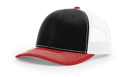 Richardson 112 Trucker Hat - Premium Blank Baseball Cap, Adjustable Snapback Hat - Structured Six Panel Richardson Blank Hats - color: Black/White/ Red