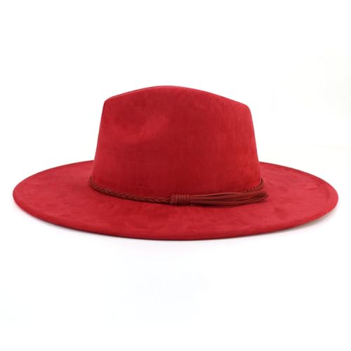 LIDHAY Big Wide Brim Fedora Hats for Women Men Western Suede Hat Large Felt Panama Hat Rancher Hat - color: Wine Red