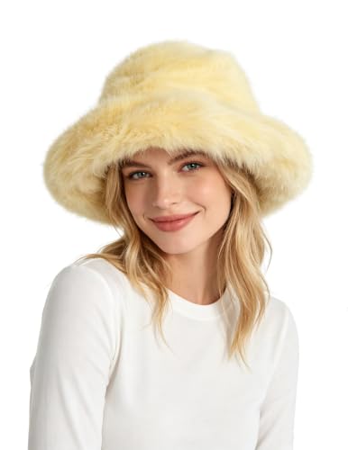 Lina & Lily Oversized Winter Faux Fur Bucket Hat for Women - Long Pile Fur Wide Moldable Brim - color: Light Yellow