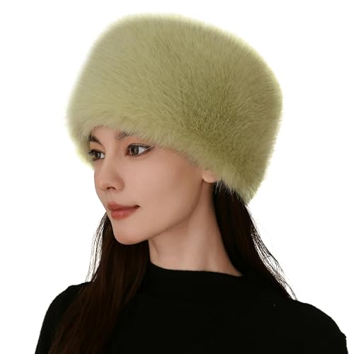 Women's Winter Faux Fur Cossack Russian Style Hat, Soft Stretch Warm Cap - color: Light Green