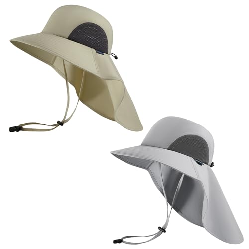 UPF 50+ Foldable Sun Hats Wide Brim with Large Neck Flap for Men Women UV Protection Gardening Fishing Beach Hat - color: Pack of 2, Beige & Light Grey