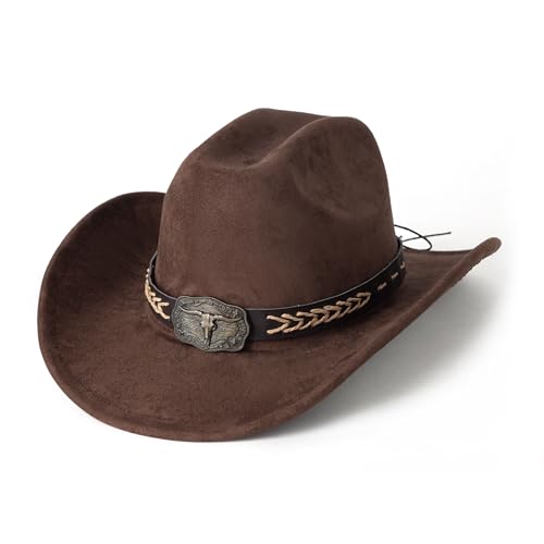 Western Cowboy Hat for Women Men Retro Suede Hat - color: Coffee-square Bull Buckle