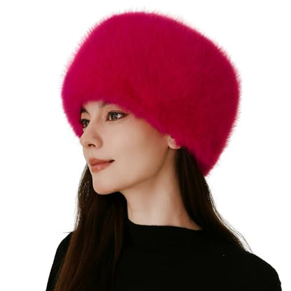 Women's Winter Faux Fur Cossack Russian Style Hat, Soft Stretch Warm Cap - color: Rose Red