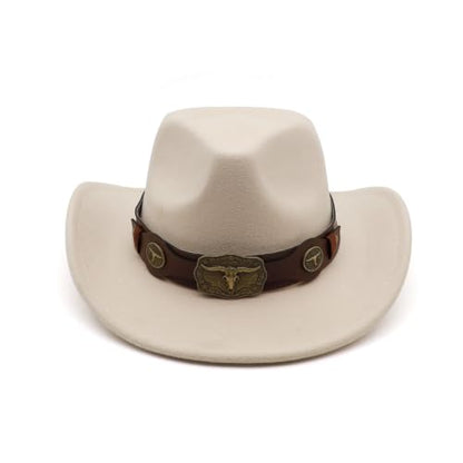 Western Cowboy Hat for Men Cowgirl Hat for Women Unisex Wide Brim Felt Fedora Hats Classic Cowboy Hats - color: Beige