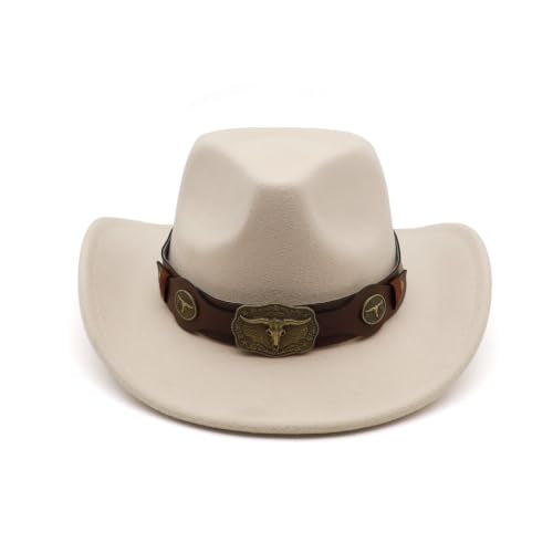 Western Cowboy Hat for Men Cowgirl Hat for Women Unisex Wide Brim Felt Fedora Hats Classic Cowboy Hats - color: Beige