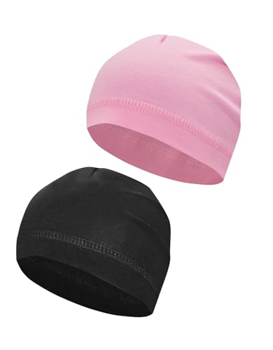 Cotton Skull Caps Lightweight Summer Beanie Hat Thin Sleep Sleeping Hats Chemo Caps Running Helmet Liner - color: Black & Pink