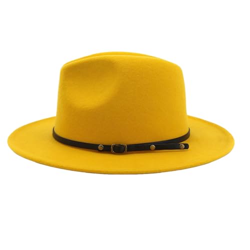 Unisex Adjustable Belt Buckle Wide Brim Fedora Hat, Felt Panama Hat for Men Women Formal Casual Wear - color: Yellow