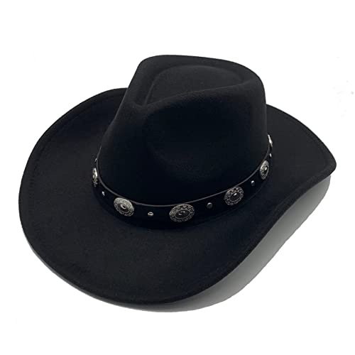 Classic Western Cowboy Hat Cowgirl Hat Unisex Men's & Women's Wide Brim Felt Fedora Hat Flat Top with Buckle Belt - color: Black 4#, size: 7-7 1/4