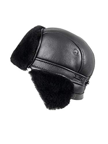 Unisex Shearling Sheepskin Aviator Russian Ushanka with Snap Hat Medium Solid Black