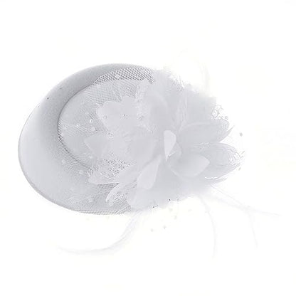 Fascinators Hats Pillbox Hat for Girl and Women - color: White-fascinator With Flower Feather