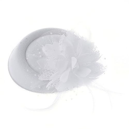 Fascinators Hats Pillbox Hat for Girl and Women - color: White-fascinator With Flower Feather