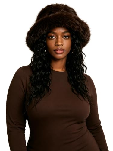 Lina & Lily Oversized Winter Faux Fur Bucket Hat for Women - Long Pile Fur Wide Moldable Brim - color: Dark Brown