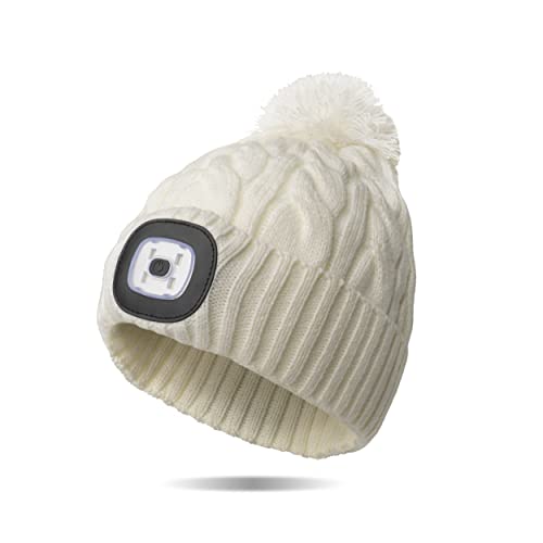 Classic Rechargeable LED Warm Knit Beanie Head Light Hat Headlamp for Outdoor Activities - color: White Pom