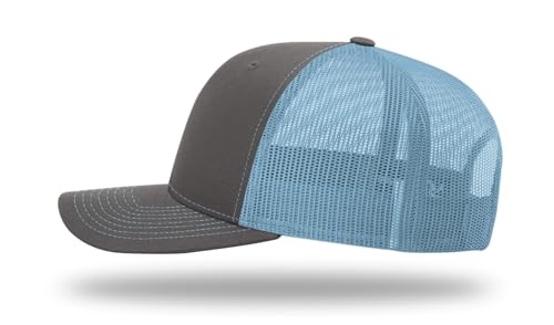 Richardson 112 Trucker Hat - Premium Blank Baseball Cap, Adjustable Snapback Hat - Structured Six Panel Richardson Blank Hats - color: Charcoal/Columbia Blue
