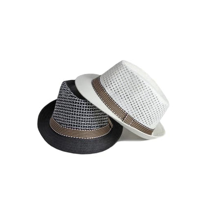 Straw Fedora Hat for Women Men Mesh Trilby Hat Panama Cuban Summer Beach Sun Outdoor - color: Black