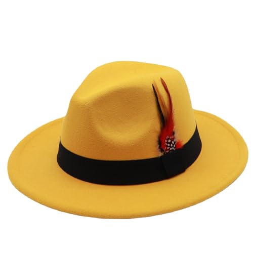 Mens Fedora Hats Classic Wide Brim Fedora Hat for Women Men Dress Hats Panama Hat with Band - color: Yellow