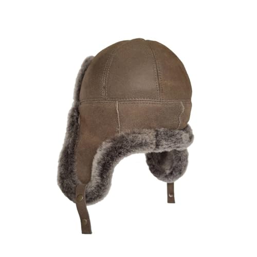 Handmade Sheepskin Leather Trapper Hat – Aviator Cap with Fur Lined Ear Flaps, Shearling Russian Ushanka Winter Hat - color: Coffe, size: Medium