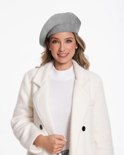 Women's Knitted Beret, French Style Double Layer Winter Autumn Warm and Soft Beanie Hat Cap - color: Light Gray