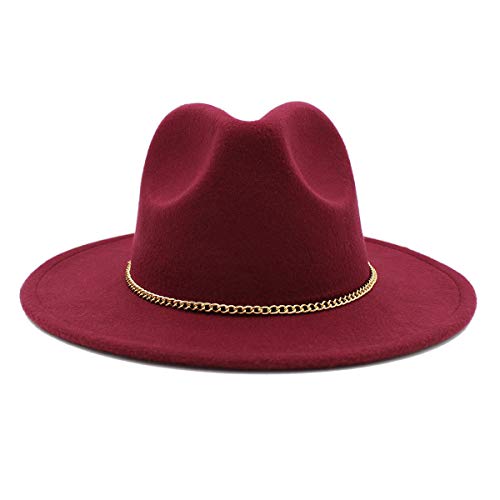 Premium 3" Wide Brim Solid Color Felt Gold Chain Fedora Panama Hat - color: Burgundy