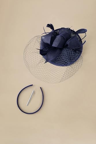 BABEYOND Fascinators Hats for Women Pillbox Kentucky Hat with Feather Veil - color: Navy Blue