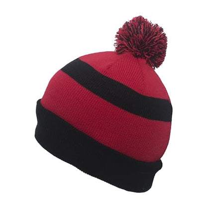 Pacific Headwear Unisex Adult Pacific Headwear Knit Fold Over Pom-pom Beanie - color: Black/Red/Black, size: One Size