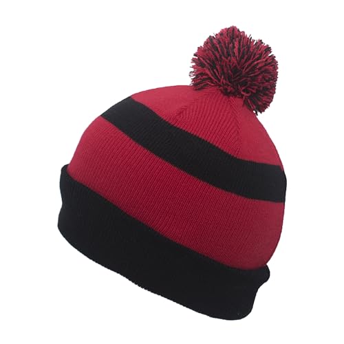 Pacific Headwear Unisex Adult Pacific Headwear Knit Fold Over Pom-pom Beanie - color: Black/Red/Black, size: One Size