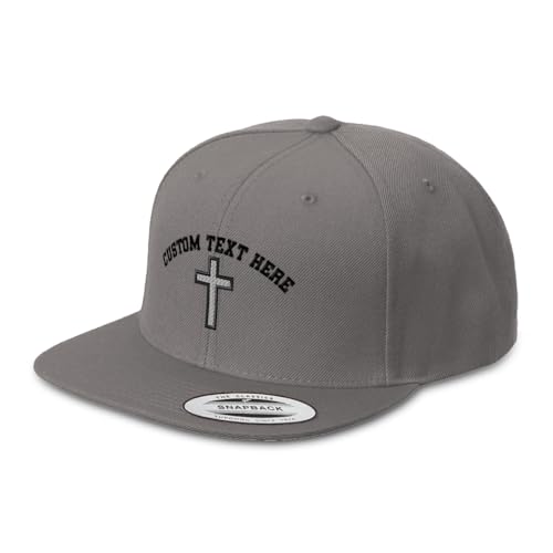 Custom Flat Brim Snapback Cap Cross Black Faith Jesus Christ Christian - color: Dark Grey Personalized Text Here