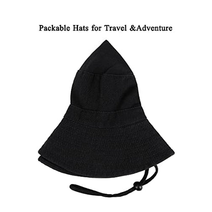 Unisex Cotton Boonie Hat Summer Fishing Bucket Hat Sun Hat with String - color: Solid Black