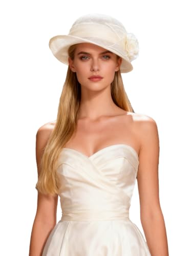 HIMESPORT Retro Sinamay Veil Flower Bride Wedding Fascinator Hat Feather Bowler Hat Hair Accessory Banquet Cocktail Party - color: Linen Color