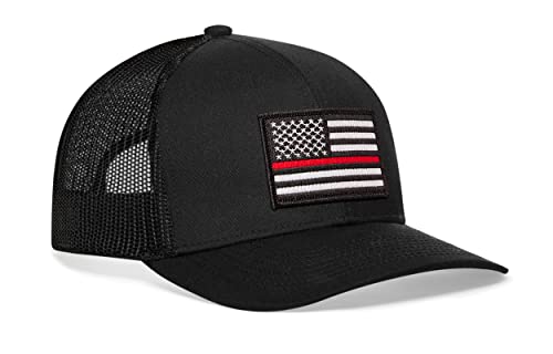 HAKA American Flag Hat | USA Mesh Trucker Snapback Comfort Baseball Cap - color: Black, style: Thin Red Line - (White Stripes)