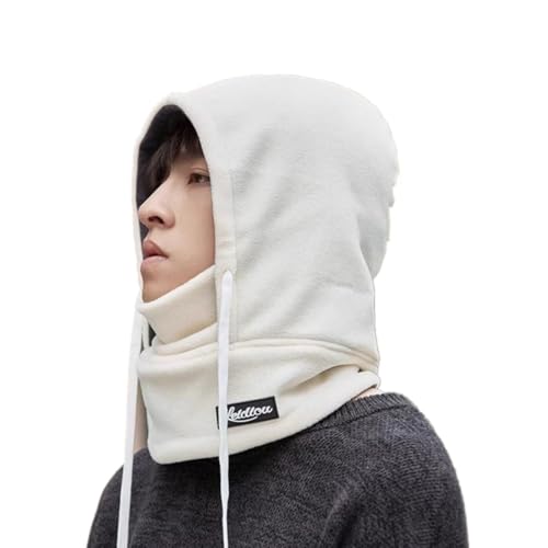 Winter Fleece Ski Mask for Men Women Balaclava Face Mask Windproof Thermal Hood Winter Full Face Neck Cover Warmer - color: Beige White Logo