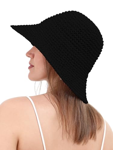 Womens Sun Hat Handmade Crochet Straw Bucket for Summer Foldable Travel Cap - color: Black