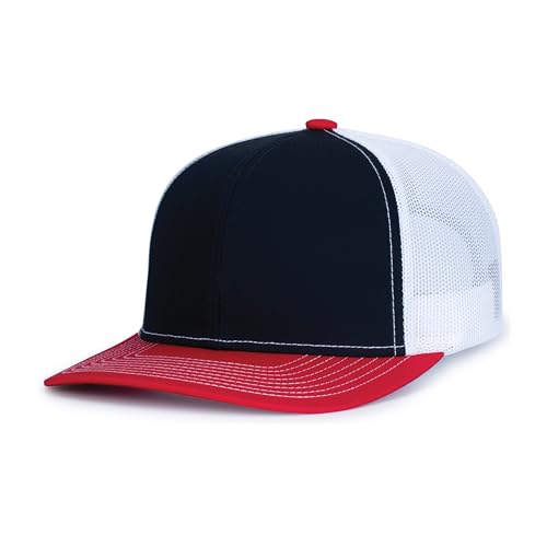 Pacific Headwear Contrast Stitch Trucker Snapback - color: Navy/White/Red