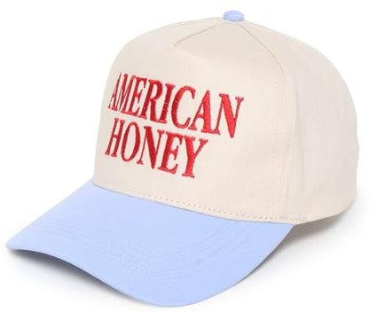 D&Y Retro 2-Tone Canvas Baseball Cap for Women - Funny Embroidered Distressed Snapback, Adjustable Cotton Dad Hat - color: American Honey-lt Blue