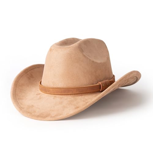 Western Cowboy Hat for Men Wide Brim Suede Cattleman Cowgril Hats - color: Khaki Belt /Khaki